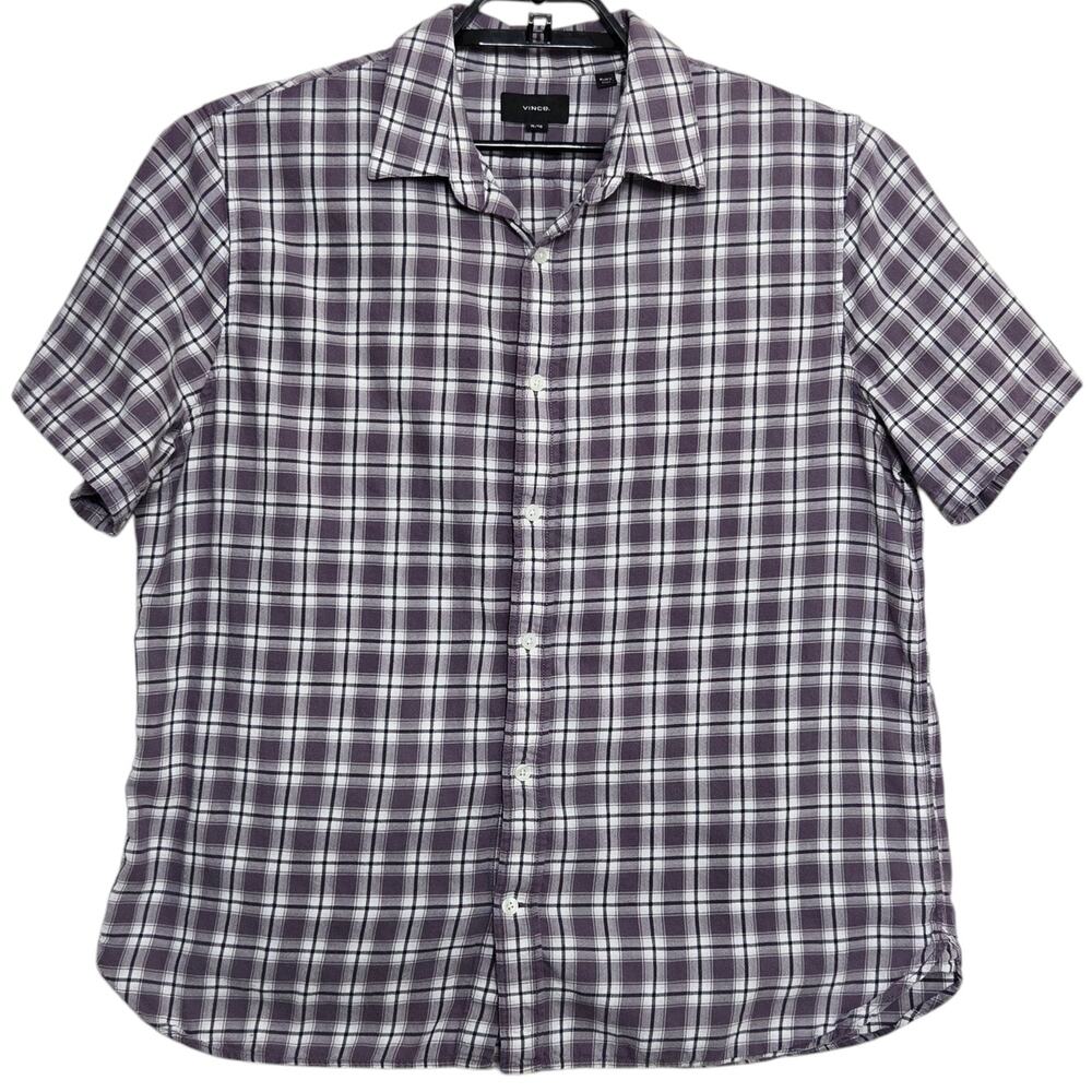 Mens Vince Waterfront Plaid Shirt Size XL Classic Fit Purple Short Sleeve Button
